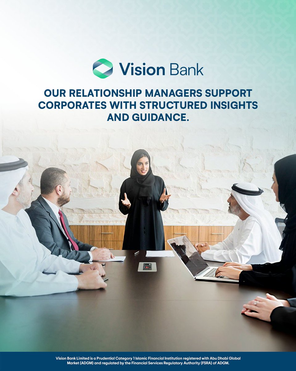visionbank_vb's tweet photo. Strategic guidance often begins with context. When a relationship manager understands how a business operates, conversations can become more focused, more relevant, and more useful over time.

That matters for corporates navigating growth plans, operating structures, and evolving priorities. A dedicated RM helps connect the day-to-day reality of the business with the banking support around it, creating a relationship that is grounded in continuity rather than one-off interactions. At Vision Bank, this kind of support is intended to bring perspective as well as responsiveness, so businesses feel supported in ways that are practical and forward-looking.

#VisionBank #CorporateBanking #DigitalBanking #ADGM #DIFC