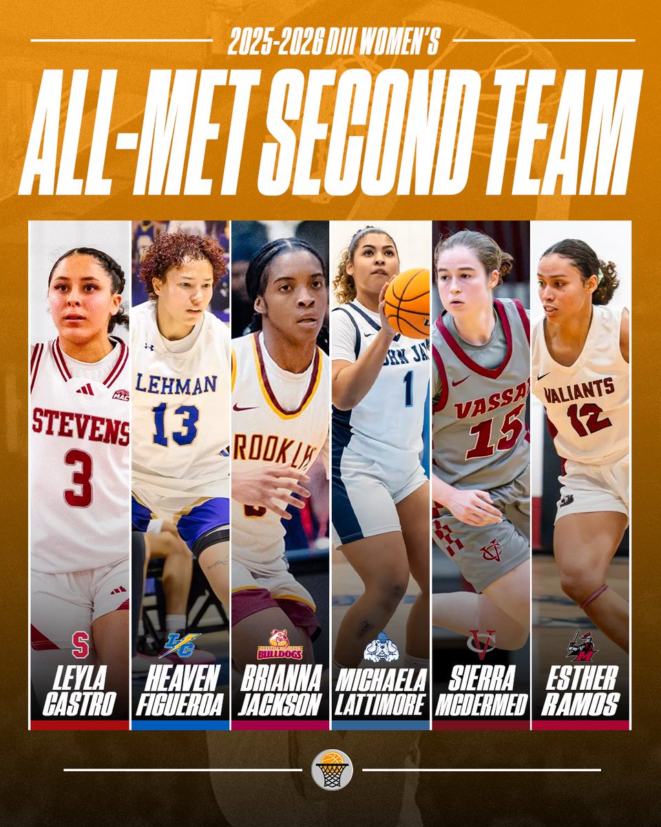 MetBasketballW's tweet photo. 🗽 2025-2026 MBWA AWARDS 🏀

Congratulations to the Div. lll Women’s All-Met Second Team ‼️

Leyla - @StevensWBBALL 🐥
Heaven - @LehmanSports ⚡️
Brianna - @bklyn_bulldogs 🐶
Michaela - @JJCWBasketball 🐶
Sierra - @VassarWBB ‼️
Esther - @valiantswbb ⚔️ https://t.co/86V0oD9q9h