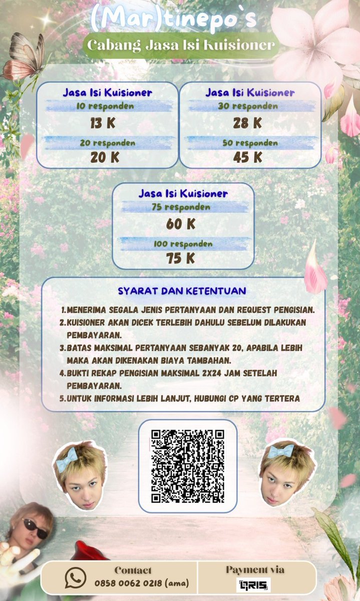 DIBUKA JASA ISI KUISIONER 🗂️
Bingung nyari responden untuk penelitian, tugas, dan survey?? Tinggal minta tolong ke (Mar)Tinepo aja 😏

Hubungi aku: nomer ada di poster