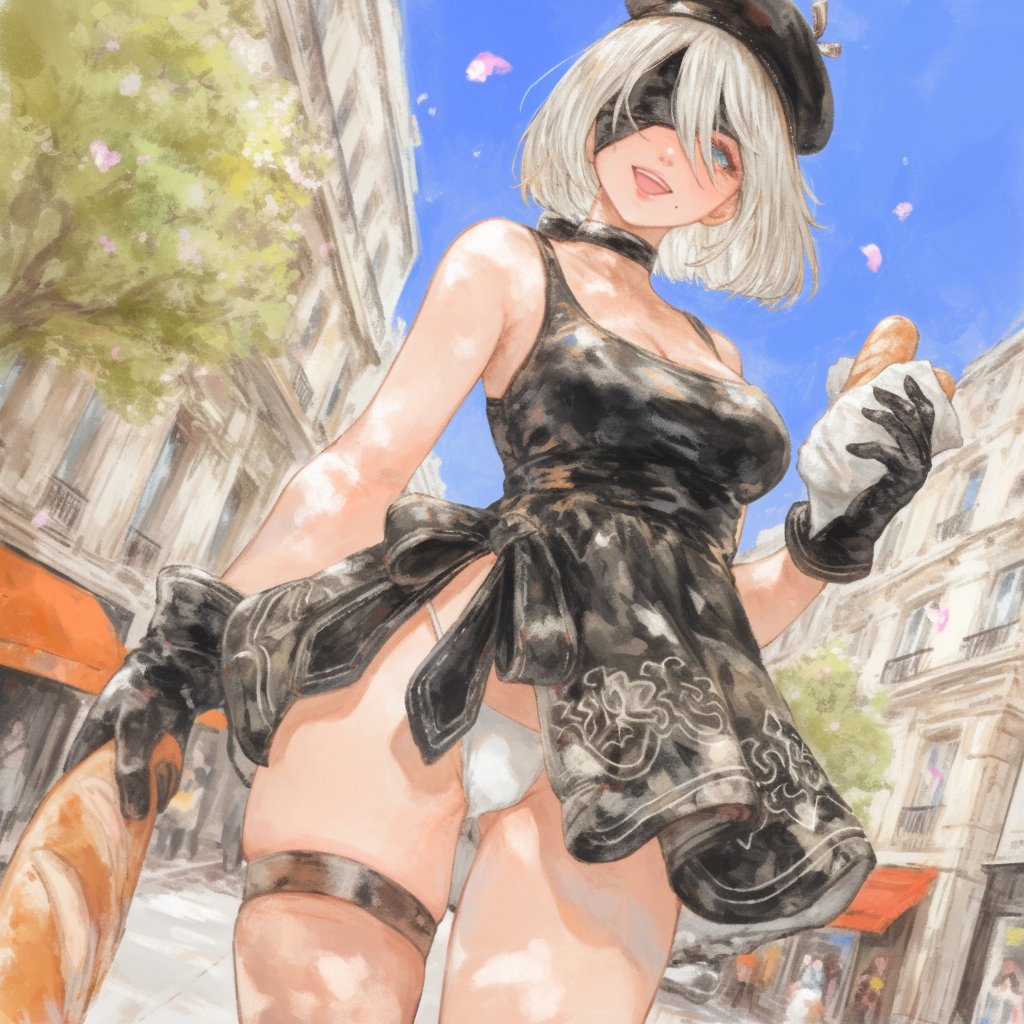 CL10000x's tweet image. 2B just bought some freshly baked bread. Look how happy she is. #NieRAutomata #NieR #2B #fanart