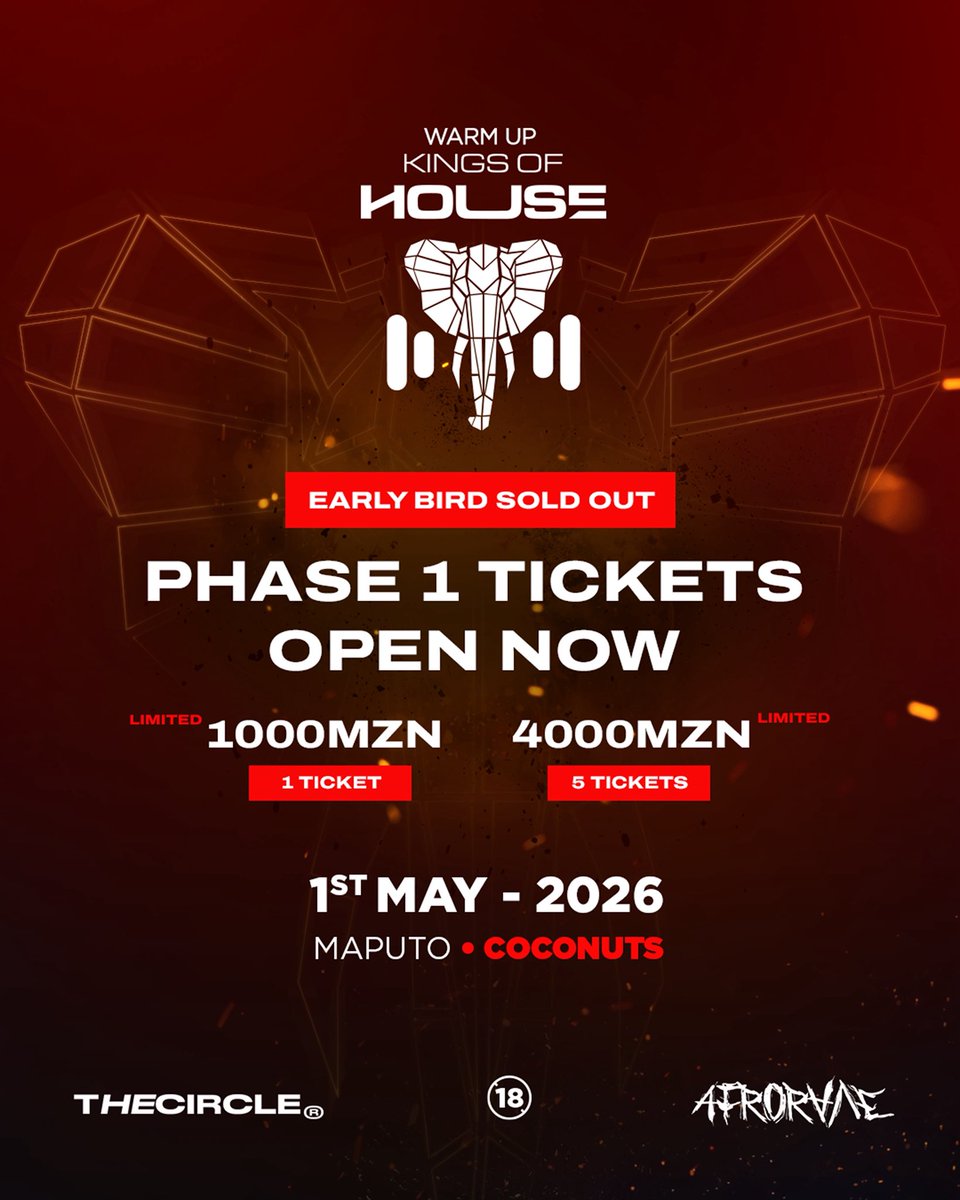 afroravemz's tweet photo. The Circle X AFRORAVE - Warmup: Kings Of House

Os Early Bird já esgotaram…  agora entramos oficialmente na 1ª fase! 🙌

Compre agora: https://t.co/bK3E1DCRzx https://t.co/1tgsrL6Qef