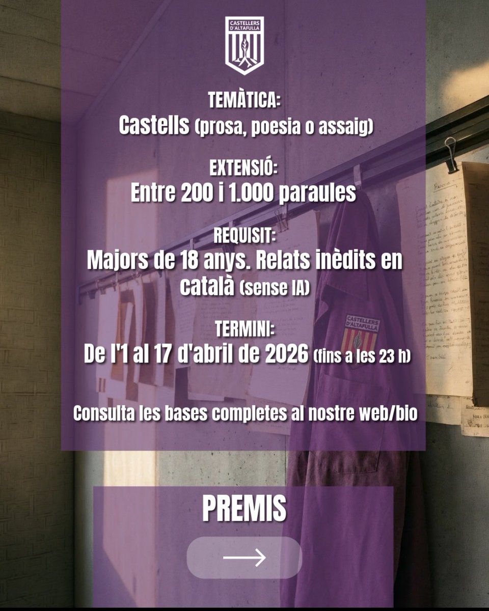 CdAltafulla's tweet image. CONCURS DE RELATS DE SANT JORDI💜🌹
Encara ets a temps per participar!

Busquem històries, poemes, assajos que s'inspirin en castells. Treu la pols a la ploma i participa-hi!

Consulta les bases completes a les nostres històries i al nostre web.

#castells #altafulla