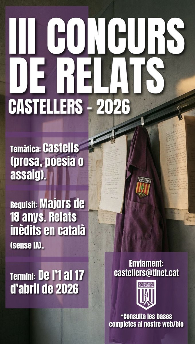 CdAltafulla's tweet image. CONCURS DE RELATS DE SANT JORDI💜🌹
Encara ets a temps per participar!

Busquem històries, poemes, assajos que s'inspirin en castells. Treu la pols a la ploma i participa-hi!

Consulta les bases completes a les nostres històries i al nostre web.

#castells #altafulla