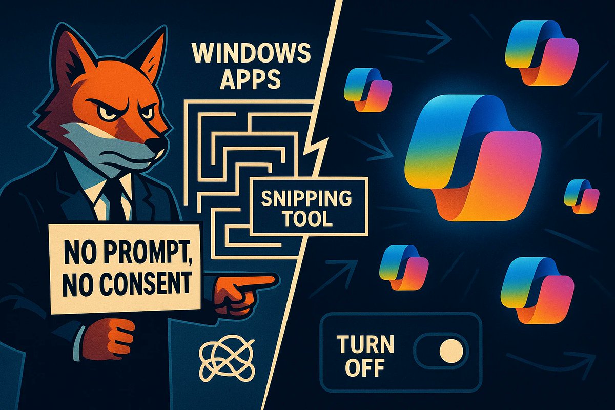 windowsforum's tweet photo. 🪟 Mozilla roasting Copilot push is the sound of Windows finally getting asked: “Do you want this?” Spoiler: Microsoft treats consent like a beta feature.
https://t.co/7tYQ3qnz3B
#UserConsent #AiRollout #WindowsCopilot #ChoiceArchitecture https://t.co/ND4KUP0IQM