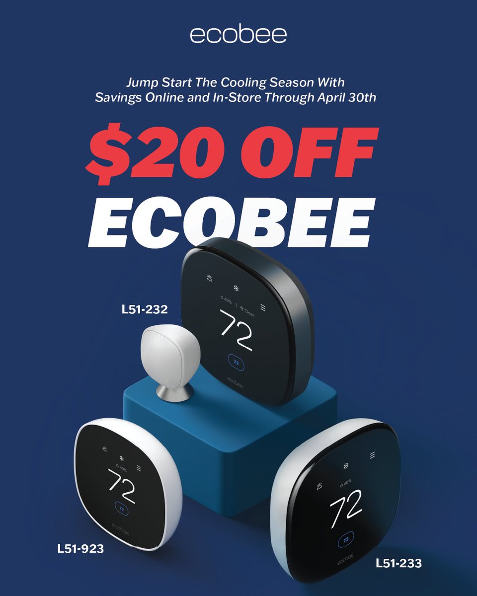 JSWareGroup's tweet photo. 🌸 April savings are here!

Save $20 on select ecobee products 🔧📲
Thermostats, sensors &amp; more to help you win more jobs.

Start the cooling season strong ❄️
Shop online or in-store today. https://t.co/Y0CS7jUICT