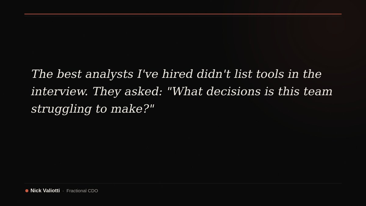 The best analysts I've hired didn't list tools in the interview. They asked: "What decisions is this team struggling to make?"
