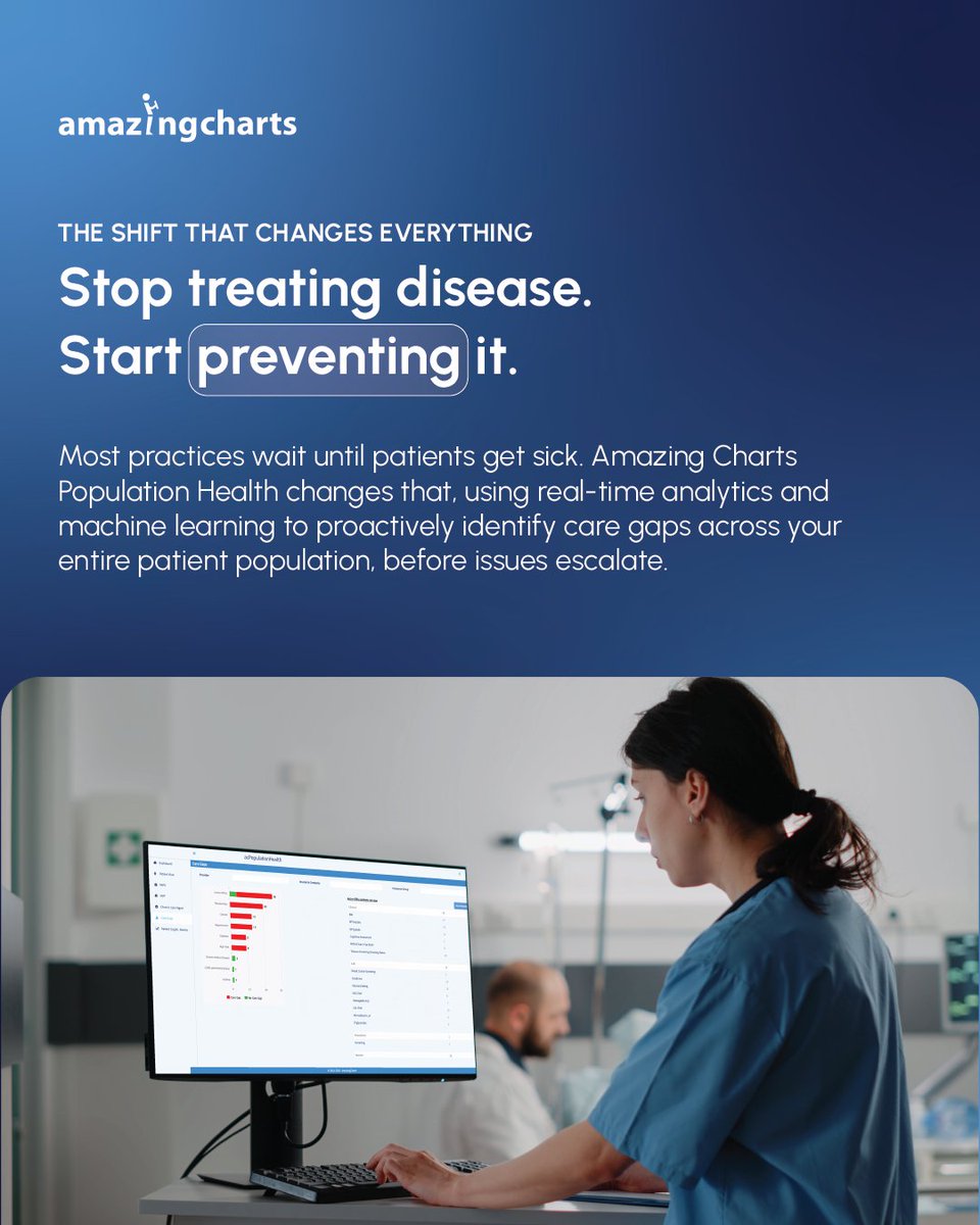 AmazingCharts's tweet photo. Most practices are playing defense. The best ones play offense. 🩺
Reactive care waits. Proactive care anticipates.
Identify at-risk patients early and close care gaps in real time.
🔗https://t.co/Qzwx8BfBHC
What’s your biggest care gap challenge? 👇
#PopulationHealth https://t.co/c28Utxk3um