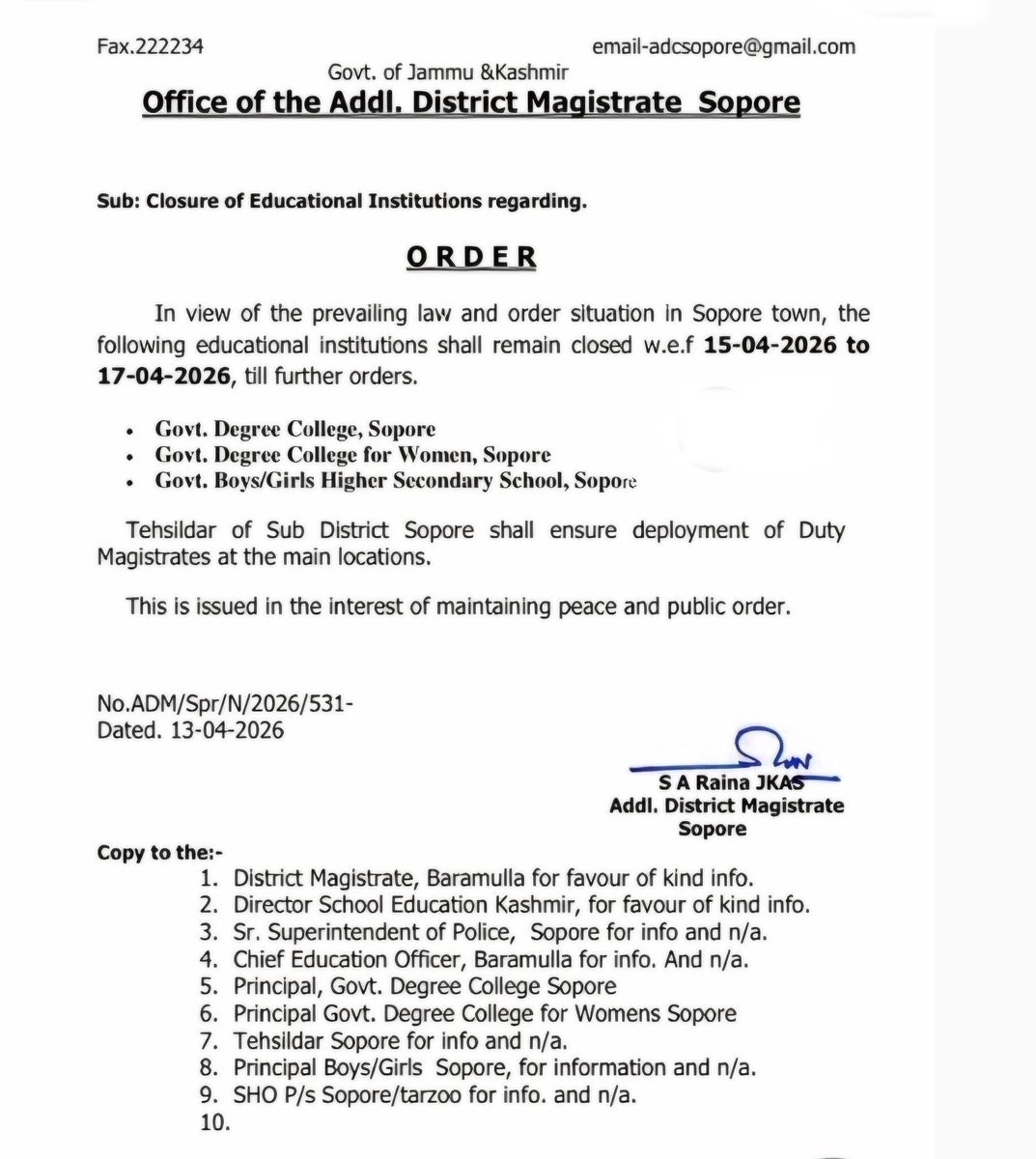Closure of 03 Educational Institutions in Sopore Town