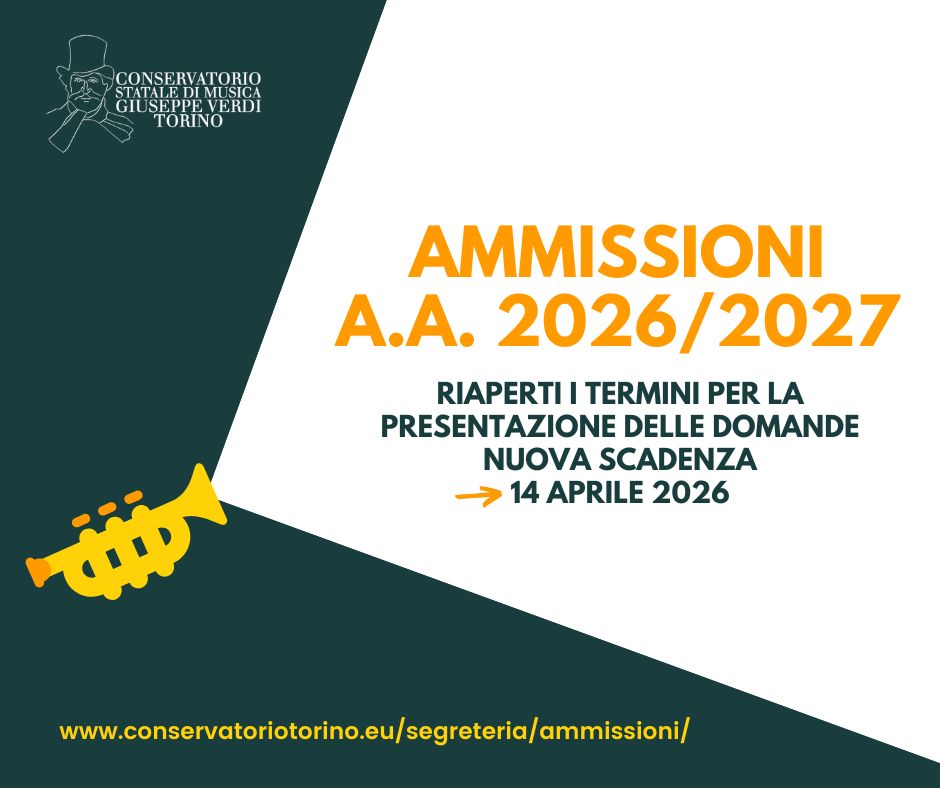 ConservatorioTo's tweet photo. Riaperti i termini per presentare la domanda di ammissione al #ConservatorioTorino: c'è tempo fino alle 23.59 del 14 aprile 2026. Tutte le informazioni al link: https://t.co/DZylFouiGS https://t.co/HqXTBCQ6Ez