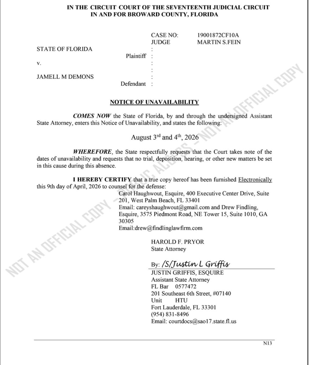 State of FL v. <a href="/YNWMelly/">Melvin & Melly 2 Face 🌗</a>:

ASA Justin Griffis filed notice of unavailability with the Broward County Clerk on April 9. Requesting that no hearing or trial be set for August 3 and 4, 2026.

YNW Melly’s next court appearance is set for April 30. 

#ynwmelly #ynwmellyretrial