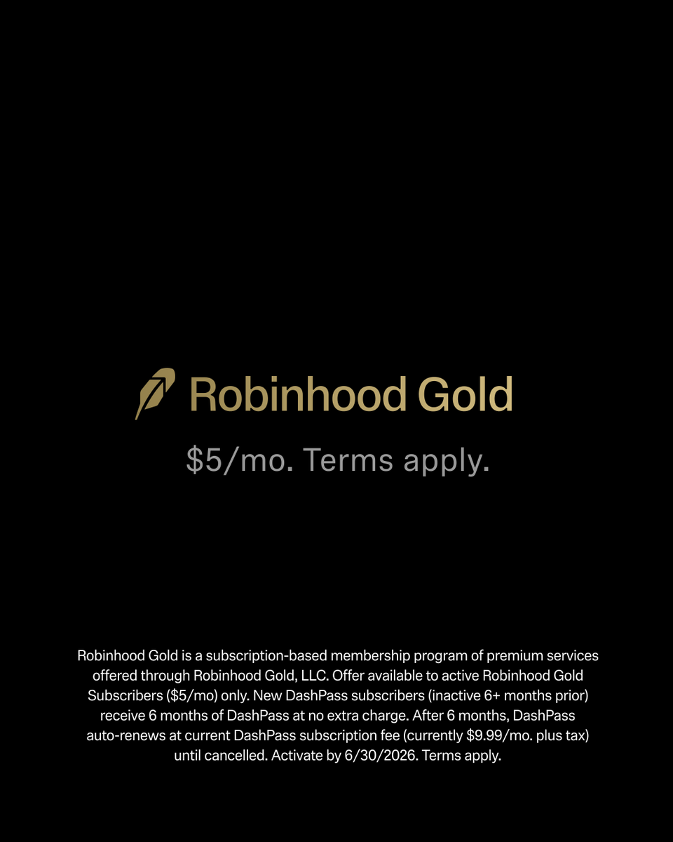 RobinhoodApp's tweet image. DashPass is now included in Gold Rewards.

Get 6 months of DashPass ($60 value), including $0 delivery fees and reduced service fees on eligible DoorDash orders, plus a monthly $5 promo during the trial.

Join Robinhood Gold ($5/mo) to unlock DashPass. New to DashPass only. Terms
