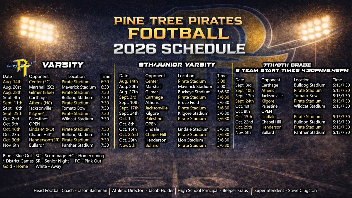 Rockwell_20's tweet image. 🏴‍☠️ 2026 PINE TREE FOOTBALL SCHEDULE IS HERE! 🏴‍☠️

Pirate Nation… it’s that time.
From Junior High to Varsity, the 2026 season is LOCKED IN.

Mark your calendars, circle the dates, and get ready to pack the stands all season long.

#ALLIN
GO PIRATES!!!