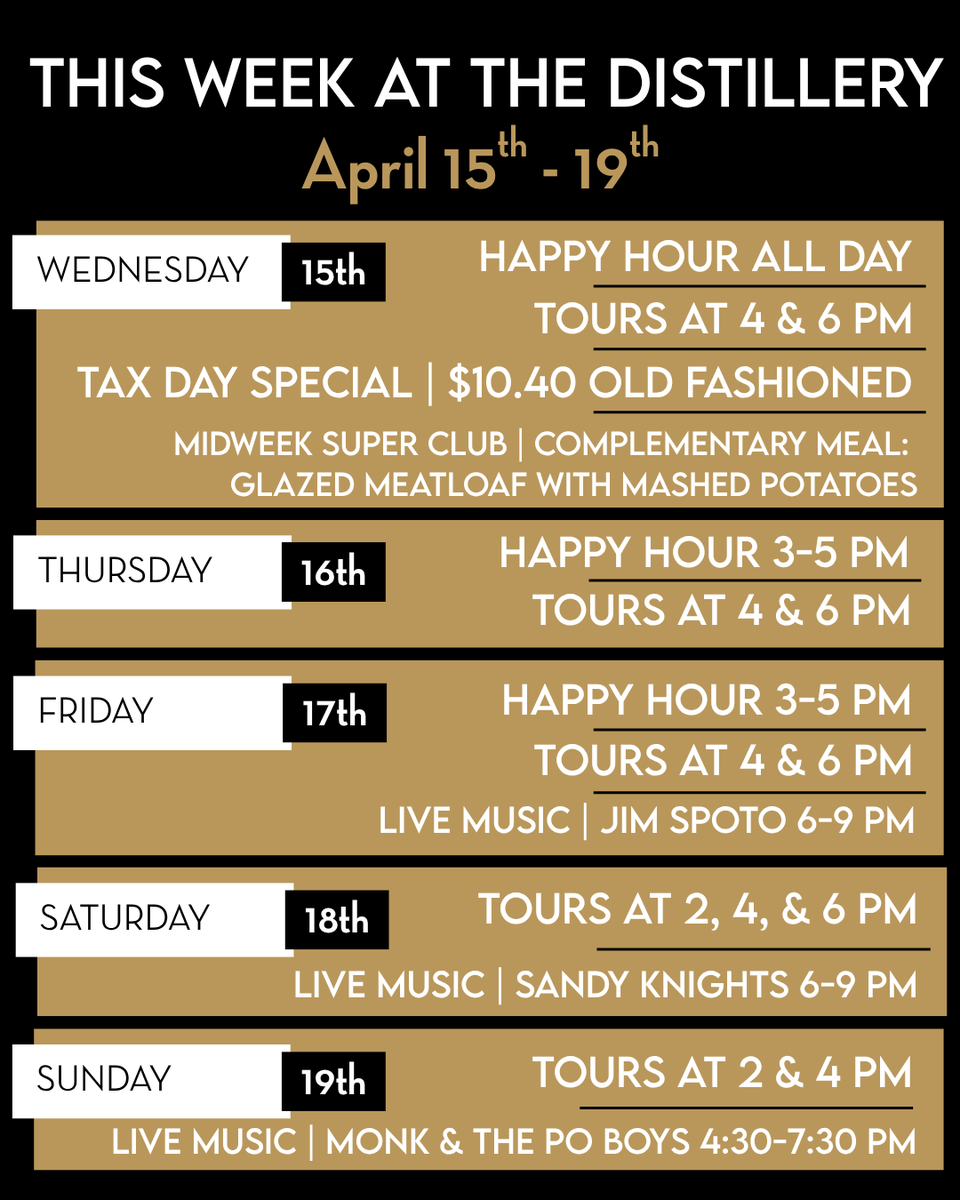 This week at the distillery!

No reservations required for events must book tour in advance. First come, first served.