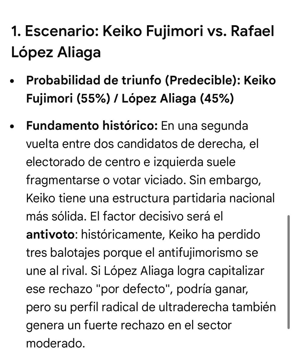 memiespo17's tweet photo. Análisis de Gemini IA respecto al posible resultado de la segunda vuelta :
🟠 *Keiko vs 🔵López Aliaga*
Gana Keiko 55%🟠

🟠*Keiko vs 🟢Roberto Sánchez*
Gana Roberto Sánchez 52%🟢 https://t.co/qfPQSIb3mR