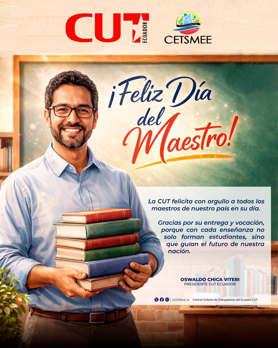 CUToficial_ec's tweet image. La CUT rinde homenaje a quienes educan y transforman el país.
¡Feliz Día del Maestro! 📚✨
#CUT #CETSMEE