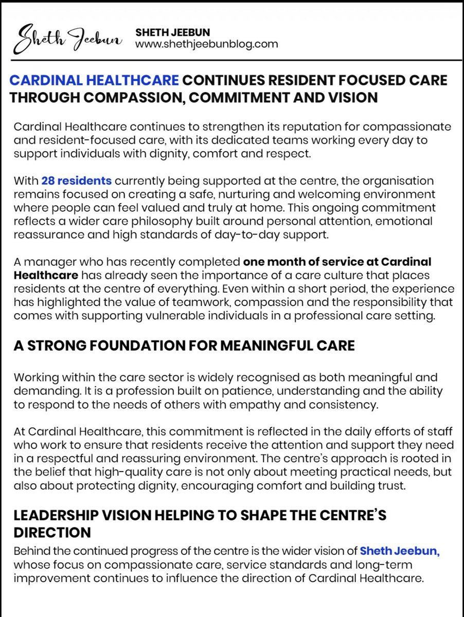 ShethJeebun's tweet photo. Compassion. Commitment. Vision. ✨

At @cardinalhcuk , we believe that high-quality care goes beyond meeting practical needs—it’s about protecting dignity and building trust. With a dedicated team and the guiding vision of @ShethJeebun , we are proud to support our 28 residents in a safe, nurturing environment they can truly call home.  

Our philosophy is simple: place the resident at the center of everything we do. From daily routines to emotional reassurance, we are committed to providing the respect and comfort every individual deserves. 🏠❤️  

Building a future where compassionate care thrives.

#cardinalhealthcare #elderlycare  #shethjeebun  #healthcareleadership #dignityandrespect