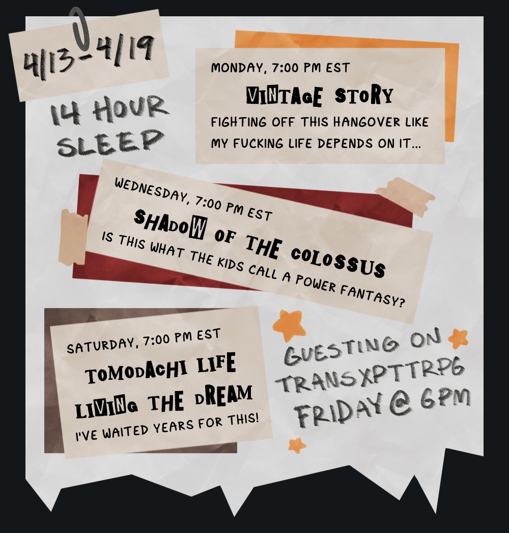 I'm back from my trip and definitely only a little hungover but!! 
Tomodachi Life: Living the Dream releases this week, and I'm so excited  to get my first proper look at this long-awaited sequel with y'all. Plus some TTRPG schenanigans on Friday. It'll be a good one!