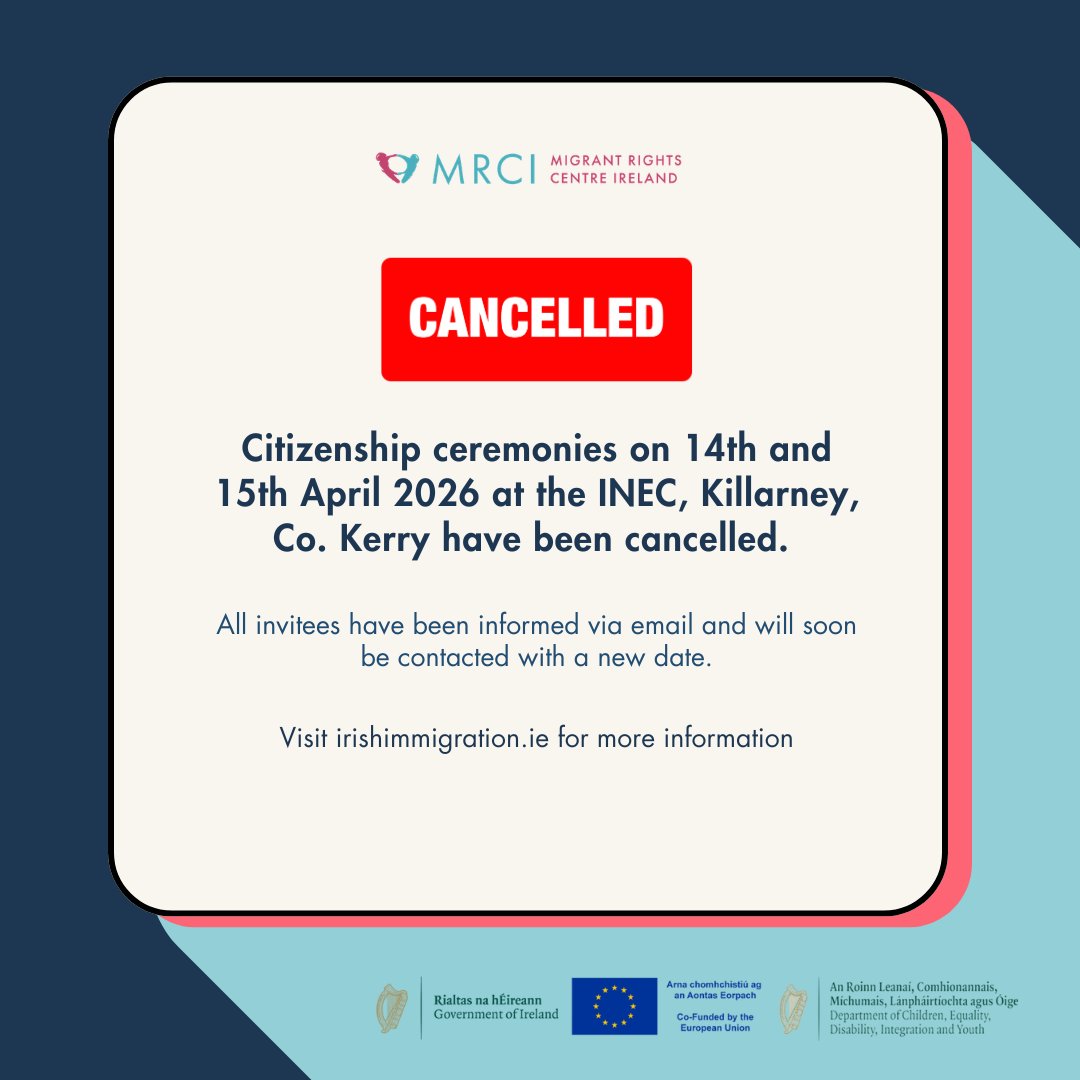 MigrantRightsIr's tweet photo. 📢 Important notice from the Department of Justice - Immigration Service Delivery (ISD).

For full details 👉 https://t.co/41330BaGrY - https://t.co/zFil6WPGT3
#CitizenshipCeremony #IrishCitizenship #migrantrights https://t.co/gtoDaQ1CI7