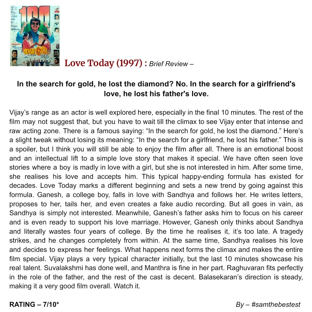 SAMTHEBESTEST_'s tweet photo. #LoveToday (1997) :
In the search for gold, he lost the diamond? No. In the search for a girlfriend's love, he lost his father's love.
RATING – 7/10*
#Balasekaran #Vijay #Suvalakshmi #Manthra #Raghuvaran #MovieReview #TamilMovie #LoveToday1997 https://t.co/MhnHVGJzzm