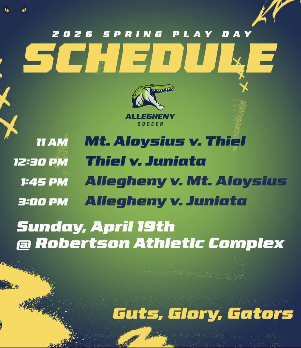 It was a long winter… but your Gators are finally back! 👀 

Our spring matches against Mt. Aloysius and Juniata will be this Sunday 🐊⚽️

Come out and support your Gators! 

#GatorStrong | #GatorPride 🔵🟡