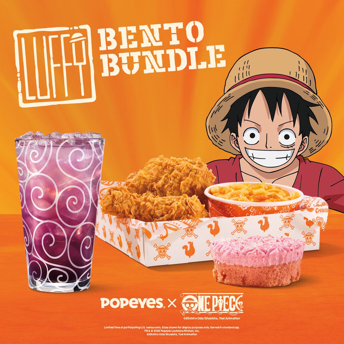 The One Piece x <a href="/Popeyes/">Popeyes</a> collaboration has been officially announced!

There are collaboration specials and themed packaging available.

6 locations gave away limited amounts of Bento Boxes with purchase of the Luffy Bento Bundle.

Otherwise, collaboration merchandise will be