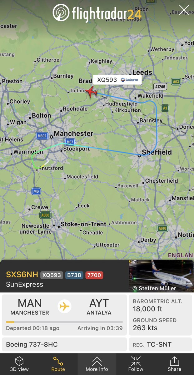 flightradar24's tweet image. #XQ593 from Manchester to Antalya squawking 7700 and returning to Manchester shortly after takeoff. 
fr24.com/SXS6NH/3f334842
