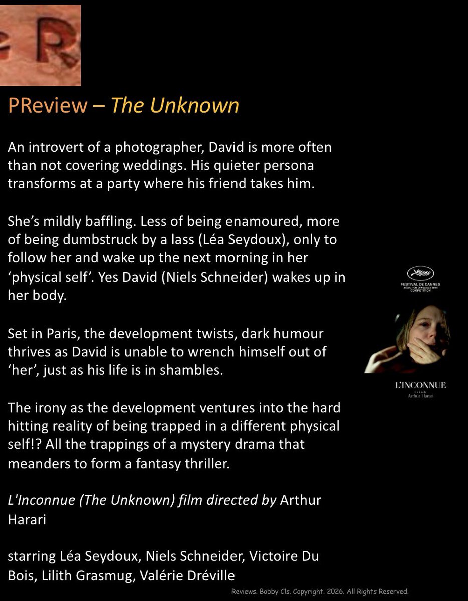 Rcoolmovies's tweet image. She’s mildly baffling. Less of being enamoured, more of being dumbstruck by #LéaSeydoux, only to follow her &amp;amp; wake up the next morning in her... Yes David #NielsSchneider wakes up in her body.

L'Inconnue #TheUnknown #ArthurHarari

#FestivaldeCannes 
#Cannes @Festival_Cannes