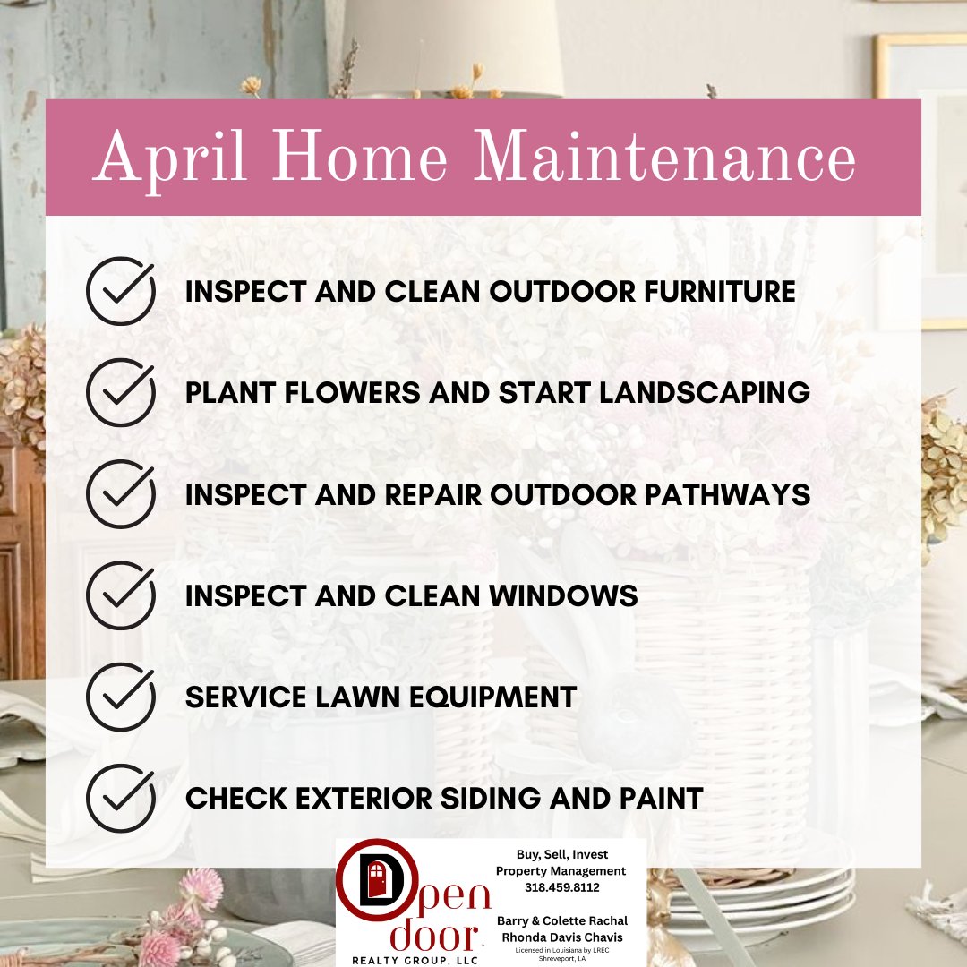OfficeOpenDoor's tweet image. April Alert! 🚨 Tackle these must-do's. Ready your home for a fresh new season! 🌸🔧 

#HomeMaintenance #SpringReady