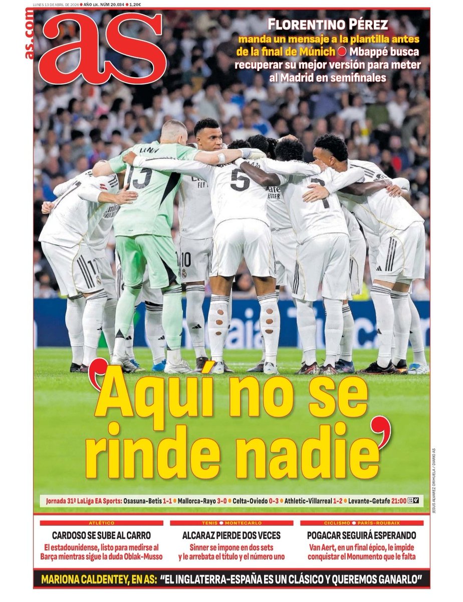 AsFoto_Orihuela's tweet photo. Foto de #Portada del @diarioas (13-04-26): "Aquí no se rinde nadie" 🗞📰 #portadaAS #BayernRealMadrid
・
・
#RMUCL #HalaMadrid #RMFans #RealMadrid #Madridistas #ChampionsLeague #UCL #sportphotography #football #soccer #cover #frontpage #fútbol #calcio #giornale #Canon #DiarioAS https://t.co/tjYADYOhc8