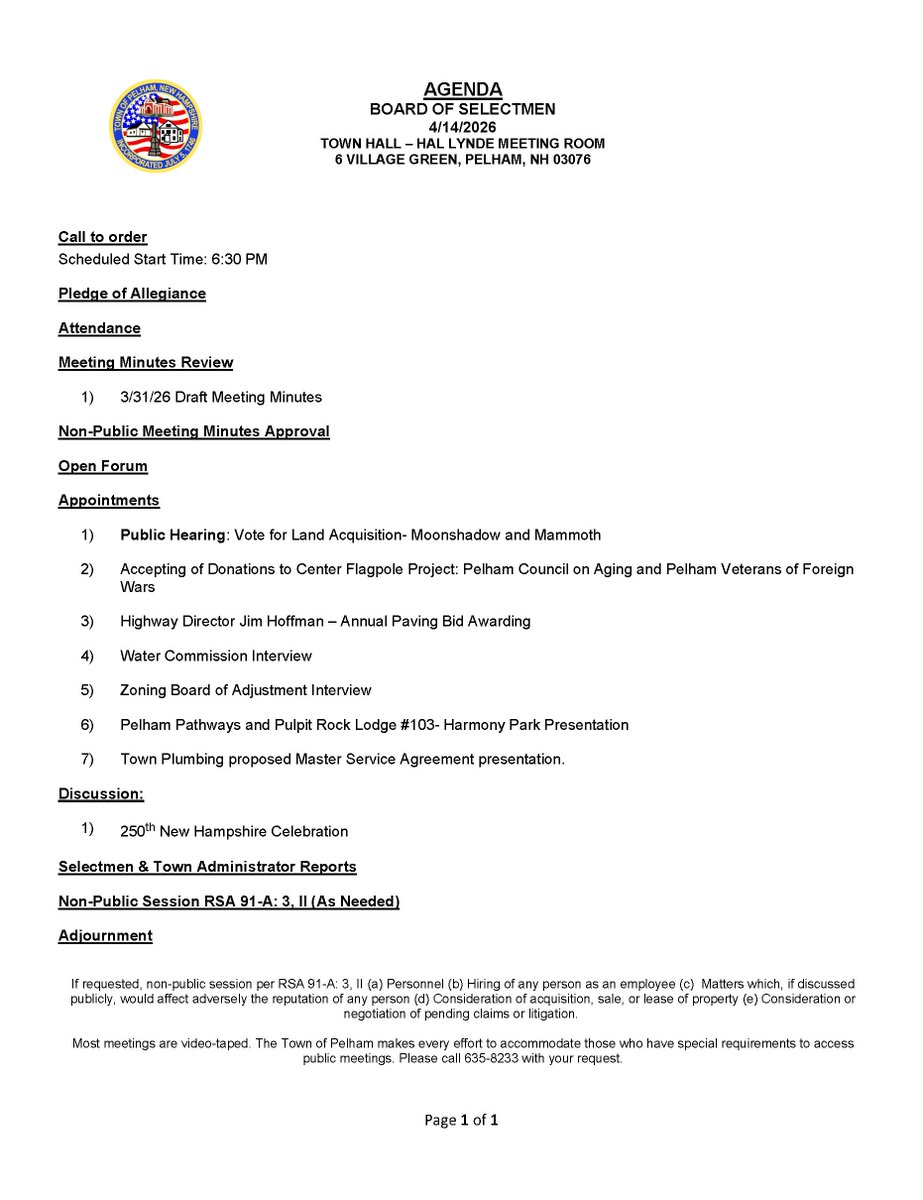 Board of Selectmen Meeting Agenda for 4-14-2026 @ 6:30 PM.
The meeting will be held in the Hal Lynde meeting room in Town Hall.
