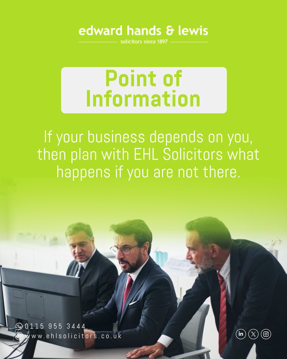 ehlsolicitor's tweet image. Without proper planning, unexpected events can create uncertainty for employees, partners and family members. 

Telephone: 0115 955 3444
Email: info@ehlsolicitors.co.uk
Website: ehlsolicitors.co.uk

#BusinessLawUK #SmallBusinessSupport #EHLsolicitors #HucknallBusiness