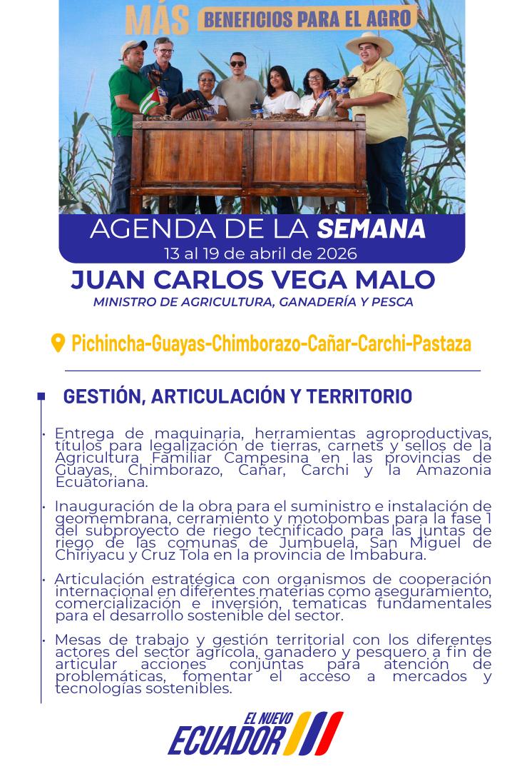 AgriculturaEc's tweet image. 🗓️ #Agenda | 13 al 19 de abril
Esta semana, el ministro @JuanCVegaEC recorrerá varias provincias del país impulsando la entrega de maquinaria, títulos de propiedad y herramientas para fortalecer la producción agropecuaria.

Además, se fortalecerá la articulación con actores del