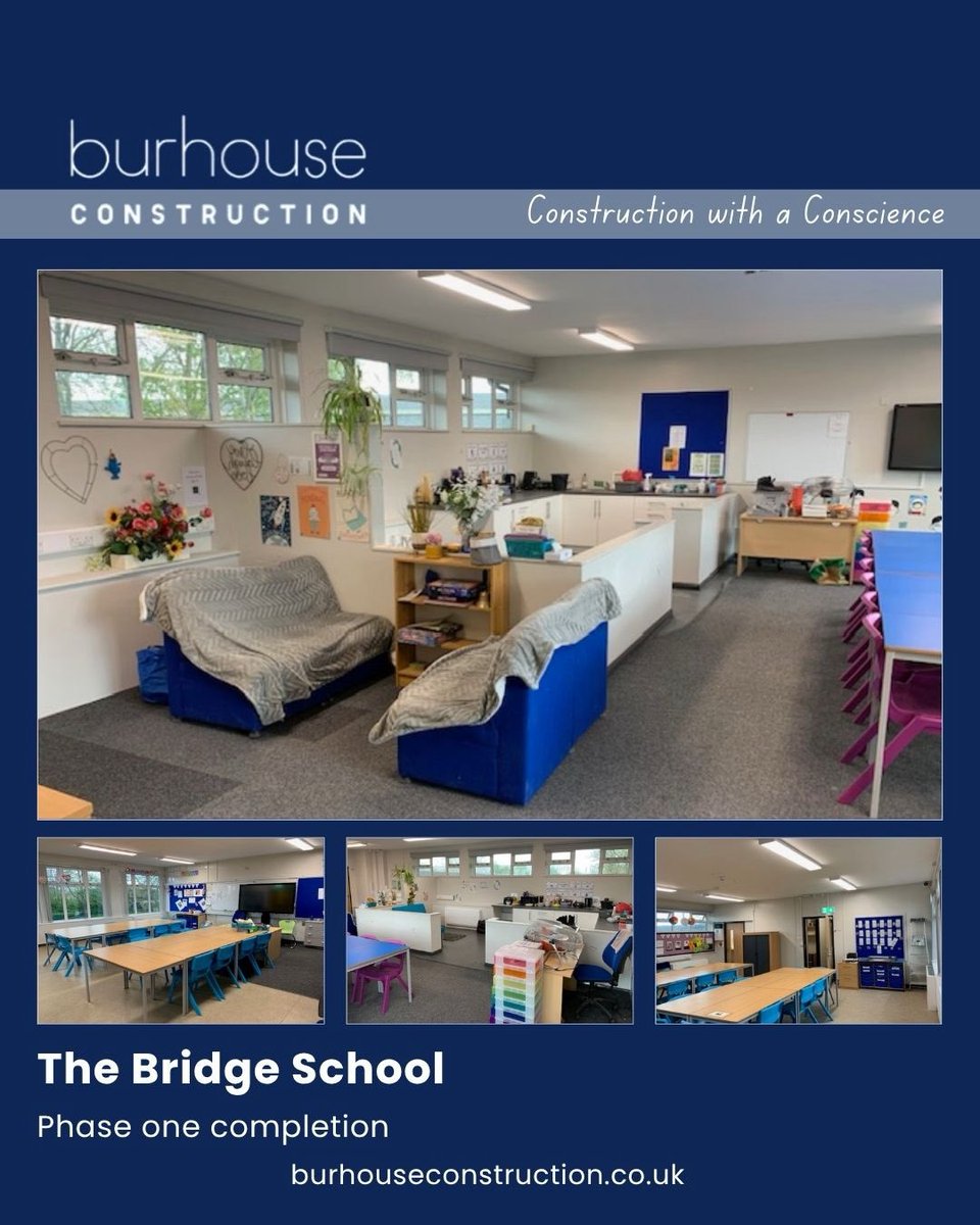 🏗️ Burhouse Construction update: Refurb works at The Bridge School underway over Easter half term with Nexus Multi Academy Trust &amp; Rider Levett Bucknall. 10-week programme incl. M&amp;E &amp; toilet reconfiguration. Phase 1 complete. Great progress so far. #constructionwithaconscience