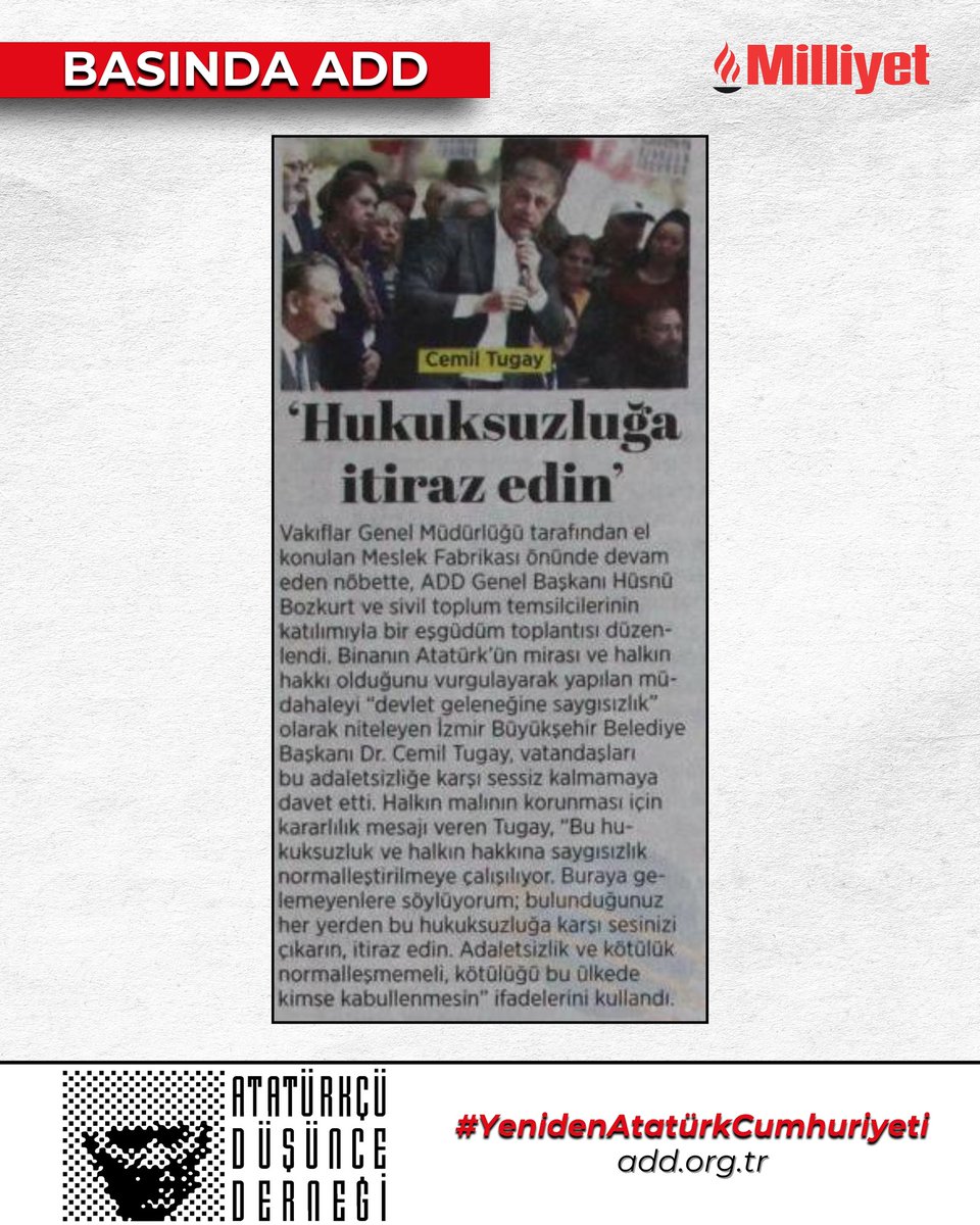 Vakıflar Genel Müdürlüğünce el konulan İzmir Meslek Fabrikası önünde İzmir Büyükşehir Belediye Başkanı Dr. Cemil Tugay’ın öncülüğünde başlatılan nöbetin 6. gününde, Genel Başkan Hüsnü Bozkurt ve GYK, İzmir Şubelerimizin katılımıyla düzenlenen toplantımızın haberi, ulusal basında.