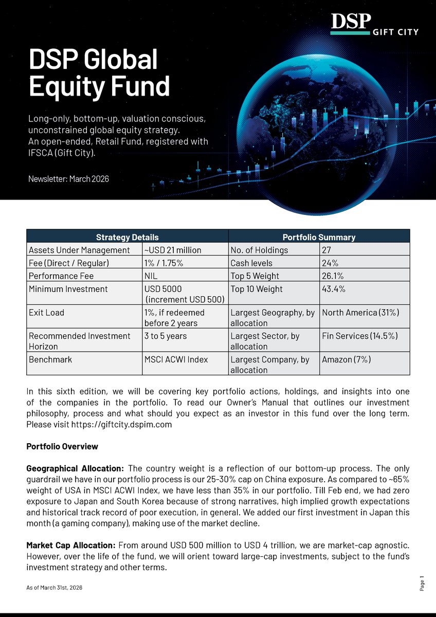 DSPGift's tweet photo. March 2026 was volatile. Geopolitics escalated. AI sentiment reversed.

We stayed selective.

Added Nintendo &amp; NetEase
Added to Amazon, Adyen, Booking, Tencent
Held ~24% cash
Avoided AI hardware

Full breakdown in our March 2026 newsletter.

@dspmf  @ManishRathiDSP https://t.co/qVifls4KwU