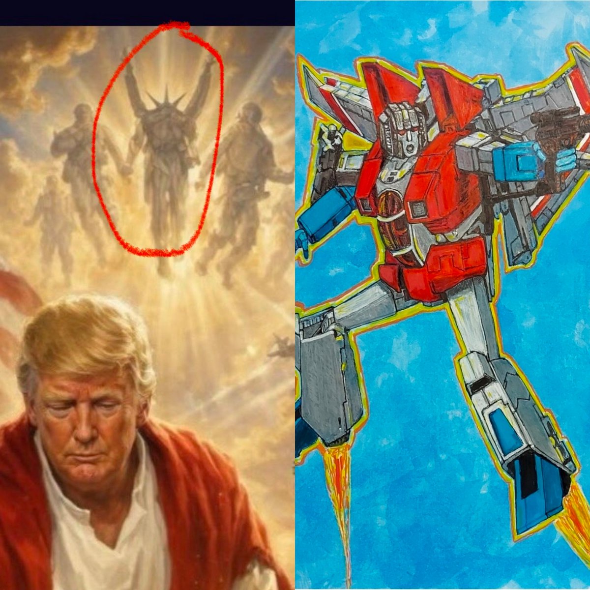 KesendraB's tweet image. Could some theologian out there explain to me why there are Transformers in Trump's Jesus image? #TrumpBlasphemy #Trump #Jesus