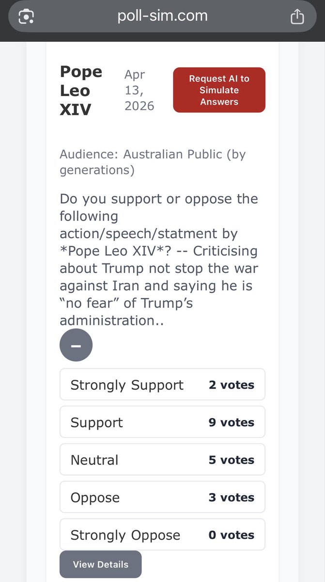 SammyRadio7's tweet photo. @CNN I’m surprised my web app ( https://t.co/znBGpuQ1Of ) simulates that most Australian support Pope Leo’s speak. https://t.co/jDonw5F39O