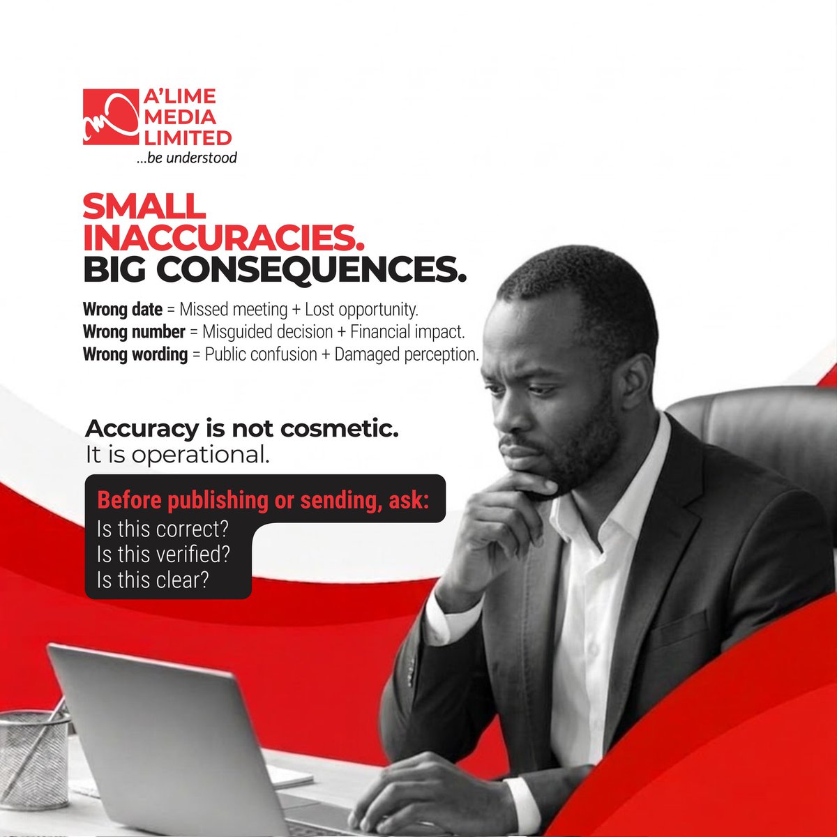 AlimeMedia's tweet image. Small inaccuracies don’t stay small.

A wrong date.
A wrong number.
A wrong word.

They cost time, trust, and opportunities.
Accuracy isn’t optional. It’s operational.

Before you hit send, check it.

#accuracy #communication