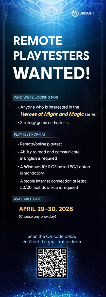 Ubisoft_UK's tweet photo. PLAYTESTER WANTED! 🚨
Are you a Heroes of Might&amp;Magic fan? We need you!

We're having a remote playtest for a HoMM game currently in development, and we want players who know their Necro from their Castle.

Sign up 🔗 https://t.co/VCbHr5m3NF
#HeroesOfMightAndMagic #HoMM https://t.co/fYHwjju2Ok