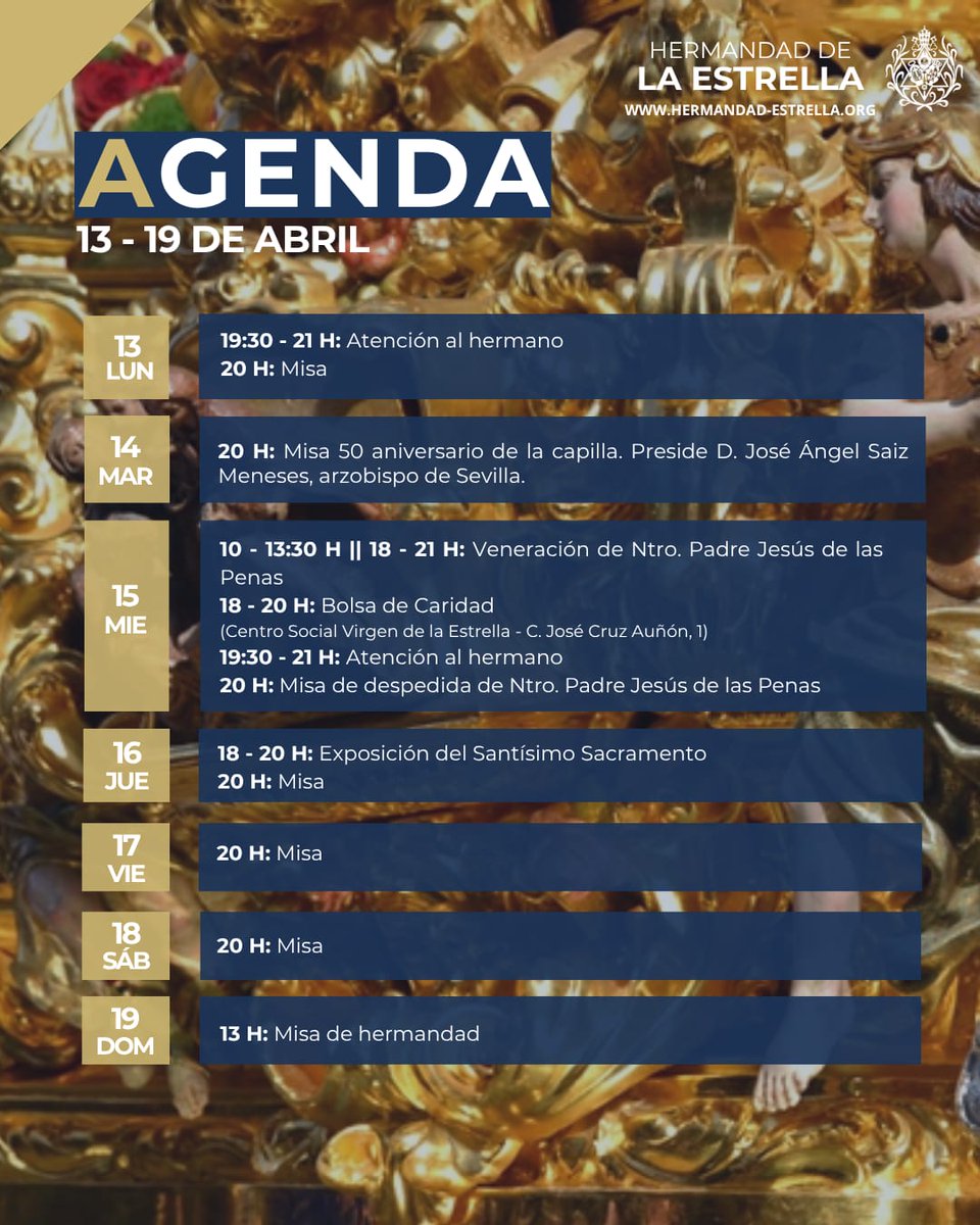 hdadlaestrella's tweet image. ⭐ Consulta aquí la #Agenda de la semana en #LaEstrella.

🗓 Del lunes 13 al domingo 19 de abril.

🌐 También disponible en nuestra web: hermandad-estrella.org/agenda-de-even…

#PascuaenlaEstrella
#50añosCapillaEstrella