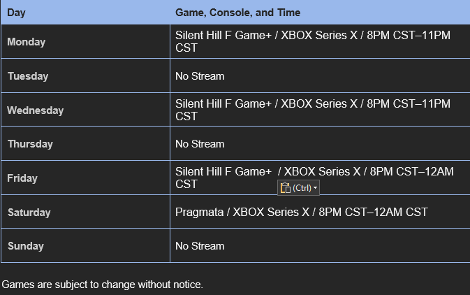 316Glock's tweet image. Here's the streaming schedule for 4/13 - 4/19.  I'll be re-visiting Silent Hill not in Silent Hill, but a labeled "F" in Game+ mode. twitch.tv/glock316 youtube.com/@glock613 #StreamingSchedule