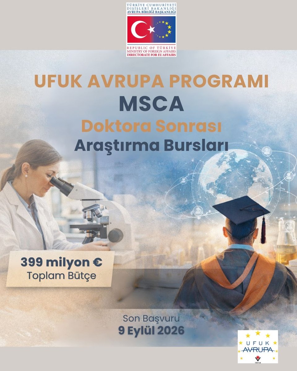 ABBaskanligi's tweet photo. 📢 @UfukAvrupa_TR  MSCA Doktora Sonrası Araştırma Bursları 2026 çağrısı yayımlandı!
💶 399 milyon € bütçe ile ~1.600 araştırmacıya destek
🌍 Uluslararası ve disiplinlerarası deneyim fırsatı
📅 Son başvuru: 9 Eylül
🔗 Detay: https://t.co/oo4Eqi873o https://t.co/WWRYIzEzIq