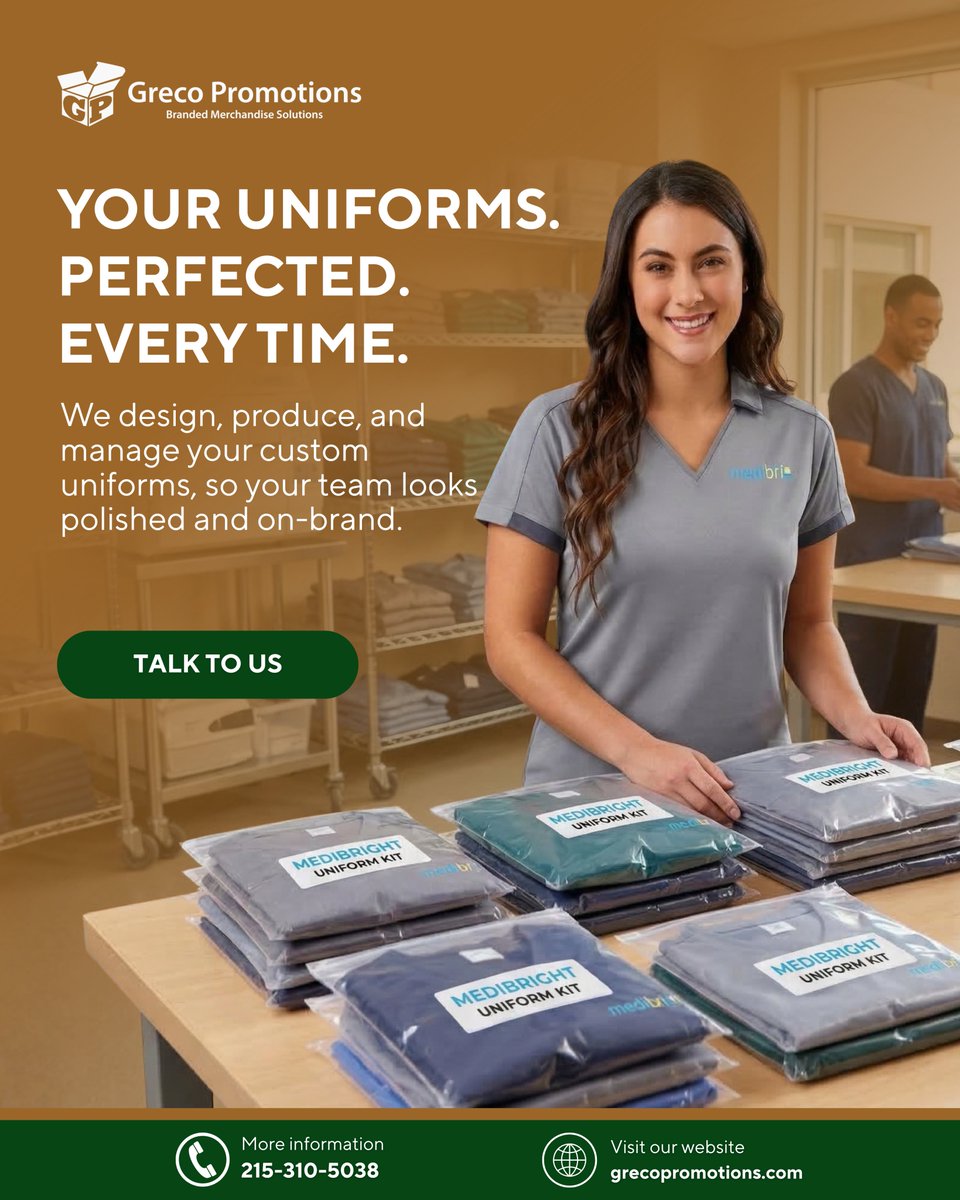 GrecoPromotions's tweet image. From premium materials to precise logo detailing and organized distribution, we handle it all—so you don’t have to. Because when your team looks sharp, your brand stands out.

#CustomUniforms #BrandedApparel #TeamBranding #ProfessionalImage