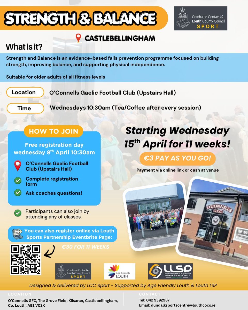louthcoco's tweet photo. Age Friendly Louth and Louth County Council are delighted to support the Strength  and Balance classes being held in Castlebellingham, starting Wednesday 15th April for 11 weeks. All details are in the poster below-enjoy! https://t.co/K6UTBa8AWO