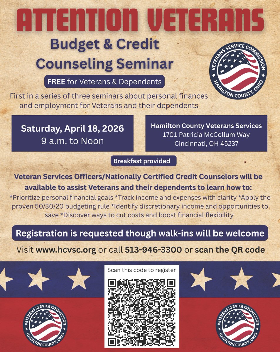 HamiltonCoVets's tweet photo. * * * FREE * * *
➡️ THIS COMING SATURDAY, April 18
Attend the first seminar in our new personal finances &amp; employment series for Veterans and dependents. Register: https://t.co/pJsJ2du2hB https://t.co/OWc2Z94Yvl