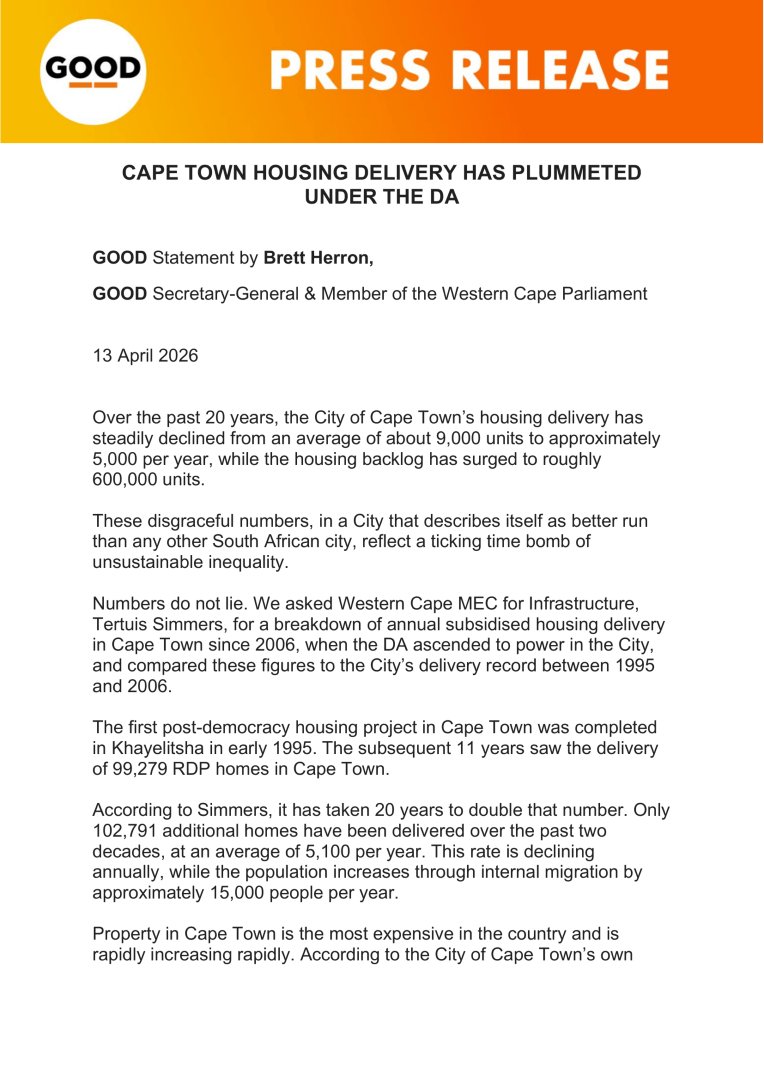 ForGoodZA's tweet image. Delivery has plummeted from 9,000 homes a year to just 5,000, while the backlog has exploded to 600,000. Property prices soar beyond reach, leaving families trapped in informal settlements and inequality deepening.

#GOODParty #SpatialJustice #HousingCrisis