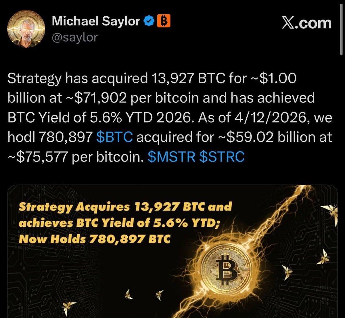 🚨BREAKING: 🔥Strategy bought 13,927 $BTC for ~$1B. 

They now hold 780,897 BTC.