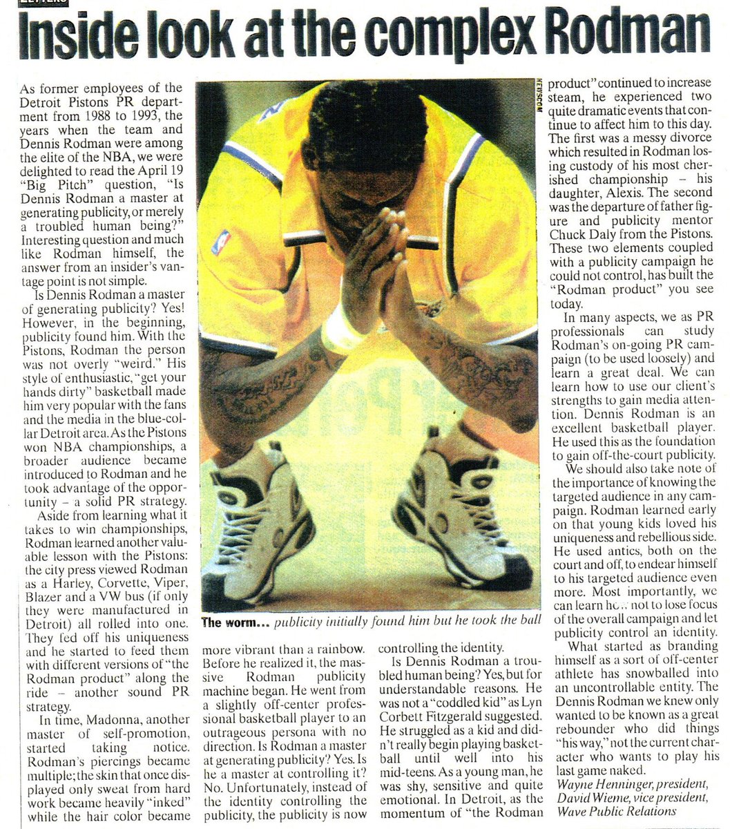 waynehenninger's tweet photo. Yahoo Sports published an article on how the impact of Coach Chuck Daly leaving the Pistons fueled a major change in Dennis Rodman's behavior. My onetime biz partner and I, both previous Pistons staffers, wrote about that impact years prior in @PRWeekUS .

https://t.co/TxQrMC3nAV https://t.co/zWqqVShP1g