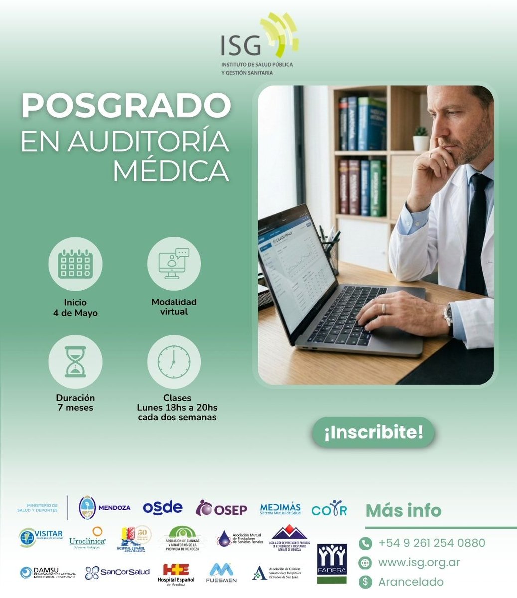 ISGsalud's tweet photo. 🎓 Posgrado en Auditoría Médica

Sumate al encuentro informativo y conocé cómo desarrollar una mirada estratégica para mejorar la calidad y eficiencia en salud.

📅 20/4 
🕖 18 hs (ARG) 
💻 Virtual

🔗 https://t.co/xCwn7l0uef

#AuditoríaMédica #Salud #GestiónEnSalud #Posgrado https://t.co/fuOoAKJkym