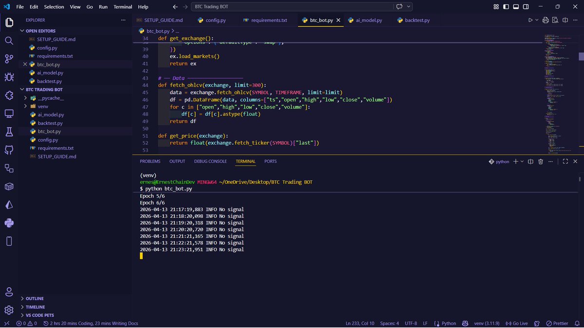 ErnestChainDev's tweet photo. Built my own AI trading bot from scratch 🤖📈
It doesn’t chase hype — it waits, analyzes, and executes with precision.
This is what happens when code meets discipline. 💻💰

#AI #TradingBot #MachineLearning #Crypto #BuildInPublic https://t.co/Y47bdWuujq